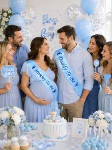 2pcs/Set Maternity And Expectant Parents Ribbon Sash Set, Light Blue Satin With Blue Print, Suitable For Baby Shower Decor, Mom And Dad Sash Set, Perfect For Maternity And Expectant Parents Photo Props, Gift For Maternity And Expectant Parents, Pregnancy Announcement Decor, Gender Reveal Party, Party Supplies - Baby Blue - View 11