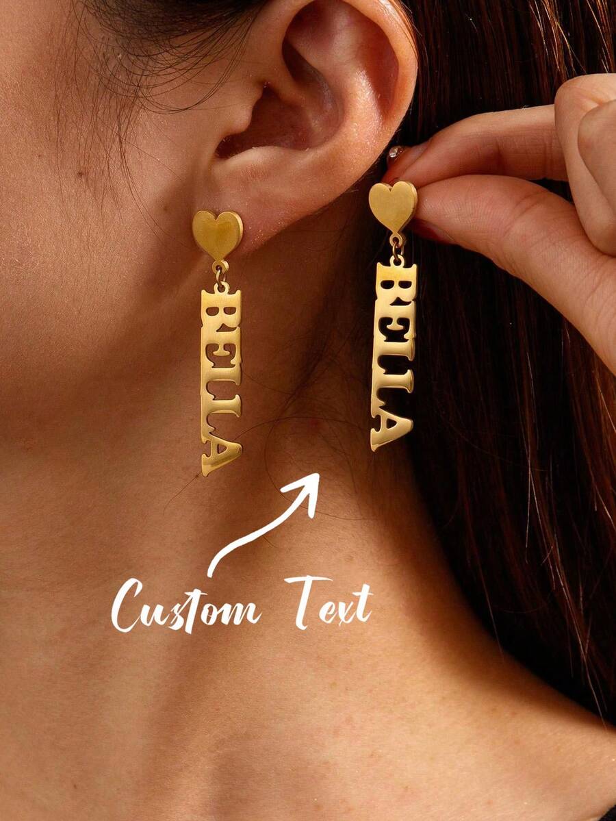 1 Pair Custom Heart Name Stud Earrings, Women's Stainless Steel Material, Handmade Minimalist Christmas Ornament, Perfect Gift Choice - Multicolor - View 1