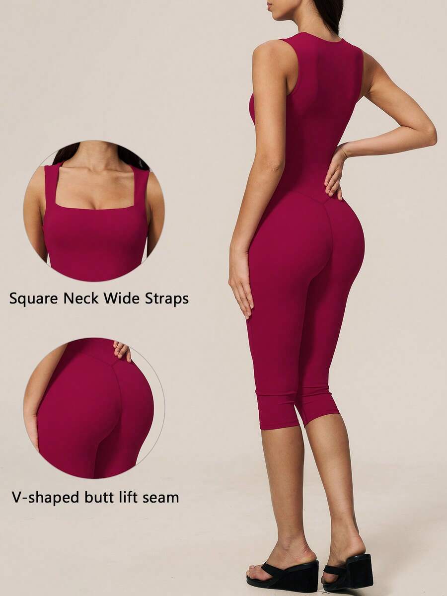 TimeOff Women's 1pc Solid Color Square Neck Thick Strap Waist-Cinching Comfortable Running Gym Workout Jumpsuit - Red - View 1
