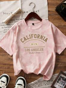 甜辣風櫻花粉紮染短袖韓版寬鬆落肩 California 字母印花女款休閒夏季 T-shirt - 粉紅色A - 查看 2