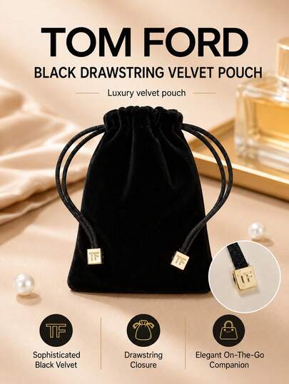 Tom Ford TF Black Drawstring Velvet Pouch 9*14cm, Fine Velvet Material, Drawstring Closure, Perfect For Storing Small Beauty Items, Suitable For Personal Use Or As A Gift