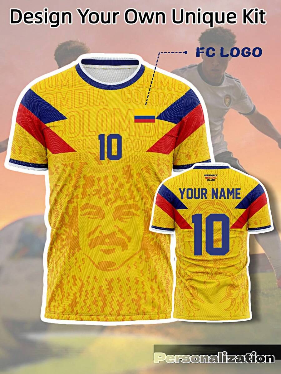 1pc Colombia Vintage Home Football Short Sleeve Jersey, Name And Exclusive Number Sports Summer - Gold - View 1
