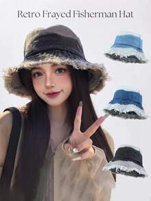 1件女款雙色復古毛邊牛仔帽桶帽，夏季防曬桶帽，適合日常穿著與旅行防曬 - A - 查看 2