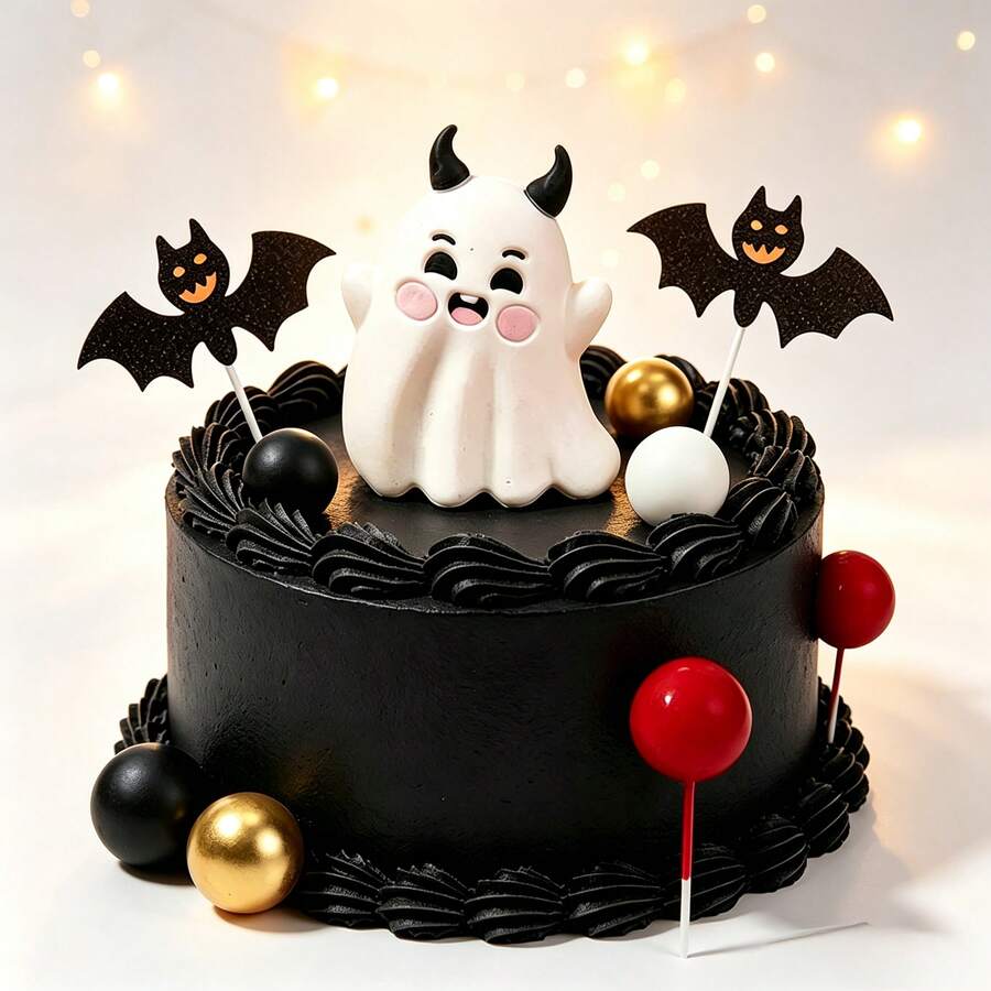 15 Peças Conjunto de Decoração de Bolo de Halloween com Fantasma Demônio Fofo, Toppers de Bolo de Morcego com Glitter, Decoração de Bolas de Espuma Preta, Dourada, Branca e Vermelha, Estilo Gótico Fofo e Excêntrico, Suprimentos de Decoração de Sobremesa e Cozimento para Festa de Aniversário de Halloween Infantil - Multicolorido - Visão 1