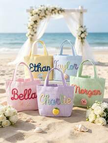 1pc Customized Name Striped Bubble Tote Bag, Personalized Summer Vacation Handbag, Pink & Blue Color Scheme Summer Beach Bag, Unique Gift For Girls, Mini Travel Handbag - Multicolor - View 6