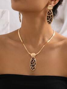 2pcs/Set New Summer Creative Black & Gold Water Drop Fashion Elegant Casual Oval Oil-Drip Brushed Texture Round Patchwork Earring + Necklace Set, Suitable For European & American Casual Party Gift Occasions - Leopard Print - View 2