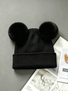 3pcs/1pc Warm Knitted Knitted Hat, Cute Plush Double Pom Pom Design, Thickened Hat Body, Suitable For Newborns - Multicolor - View 13