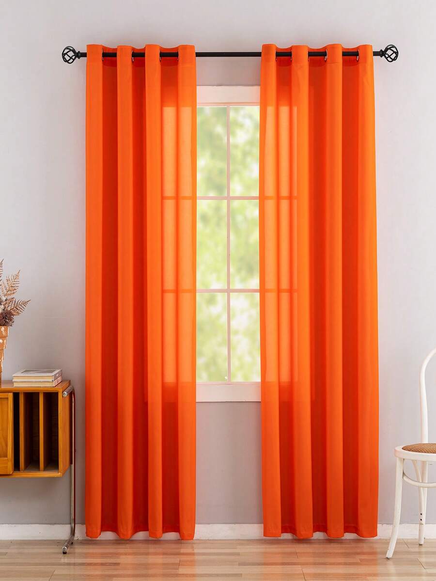 1/2pcs Orange Chiffon Sheer Curtains, Soft & Flowy, For Living Room, Bedroom, Balcony, Bay Window, Sunshade - Orange - View 1