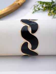 1 Stück elegantes Metall-Öltropfen-Armband in Orange, für Damen, modisches vergoldetes Design mit künstlichem Öltropfen-Schwarz und geometrischem Muster, geeignet für den täglichen Gebrauch, Feiertage und alle Jahreszeiten, hochwertiges Geschenkaccessoire - Schwarz - Übersicht 3
