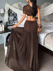 Women's Elegant Brown One-Shoulder Two Pieces Long Dress Set, Suitable For Parties - Brown - View 2