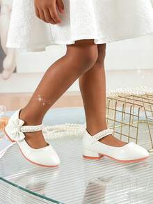 Girls' White Bow High Heel Princess Shoes, Pearl Embellished Shoes, Spring/Autumn, For Party, Wedding, Flower Girl, Dress - White - View 7