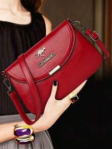 Women's Solid Color PU Shoulder Strap Adjustable Shoulder Oblique Cross Body Bag With Metal Decor - Red - View 5