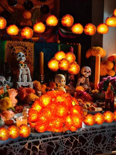 1 Tira de Luces de Guirnalda de Cempasúchil Naranja, Adecuada para Decorar Guirnaldas de Girasoles y para Decoración del Hogar (Día de Muertos), Memoriales, Bodas y Diversas Celebraciones Festivas; Funciona con Baterías (Baterías No Incluidas).