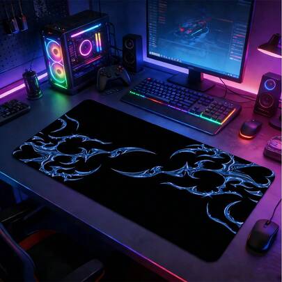 1pc Extra Large Extended Black Base Ice Blue Thorn Pattern Mouse Pad, With Non-Slip Rubber Bottom And Stitched Soft Cloth Material Keyboard Pad. Cold Dark Thorn Aesthetic With Non-Slip Rubber Bottom And Stitched Soft Cloth Material Keyboard Pad, Suitable For Gaming, Home Office And Study Scenes.