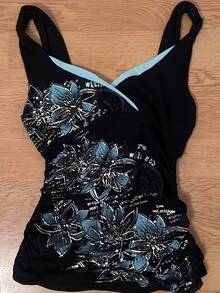 Y2K 花卉印花女款細肩帶背心上衣，拼色 V 領、側面抓皺綁帶夏季上衣 - 黑色 - 查看 1