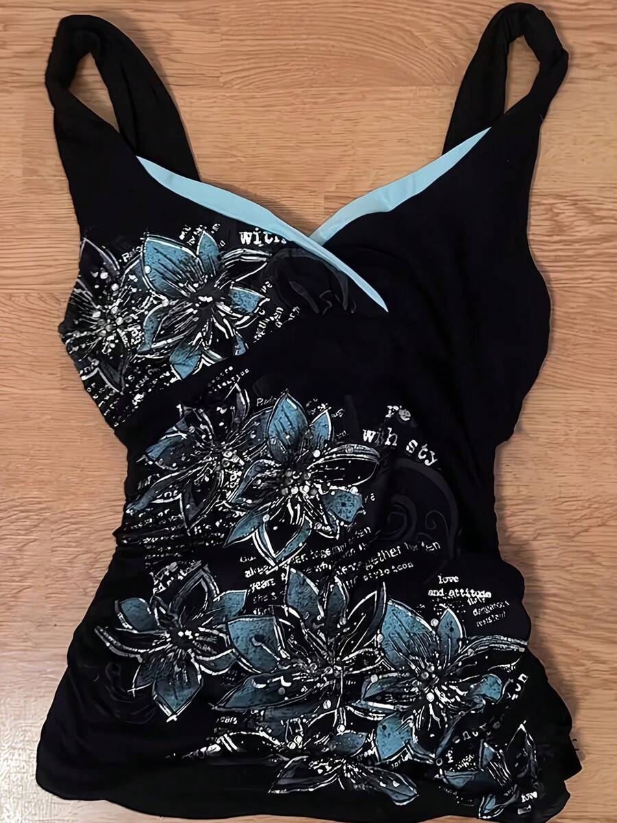 Y2K 花卉印花女款細肩帶背心上衣,拼色 V 領、側面抓皺綁帶夏季上衣 - 黑色 - 查看 1