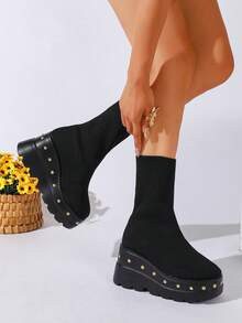 Women's Fashion Black Elastic Knit Thick Sole Sock Boots, Elastic Fabric Fits Leg Shape, Platform Thick Sole Heightening Slimming, Non-Slip Serrated Sole Stable And Durable, Round Toe Simple Versatile, Suitable For Daily Commute And Street Wear - Black - View 5