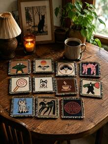1pc Boho Woven Square Coaster With Tassel Fringe, Vintage Cartoon Pattern Heat Resistant Non-Slip Drink Cup Mat, Aesthetic Table Ornament, Reusable Coffee Tea Mug Pad, Holiday Gift For Christmas Halloween Thanksgiving, Home Kitchen Dining Room Decor - Multicolor - View 5