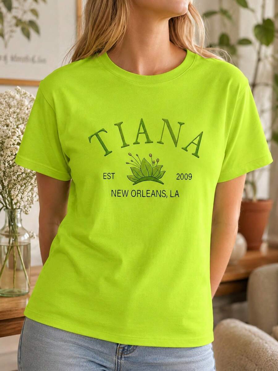 Women's Casual Green Cotton T-Shirt With Round Neck And Short Regular Sleeves, Comfortable Regular Length Top - 螢光綠 - 查看 1
