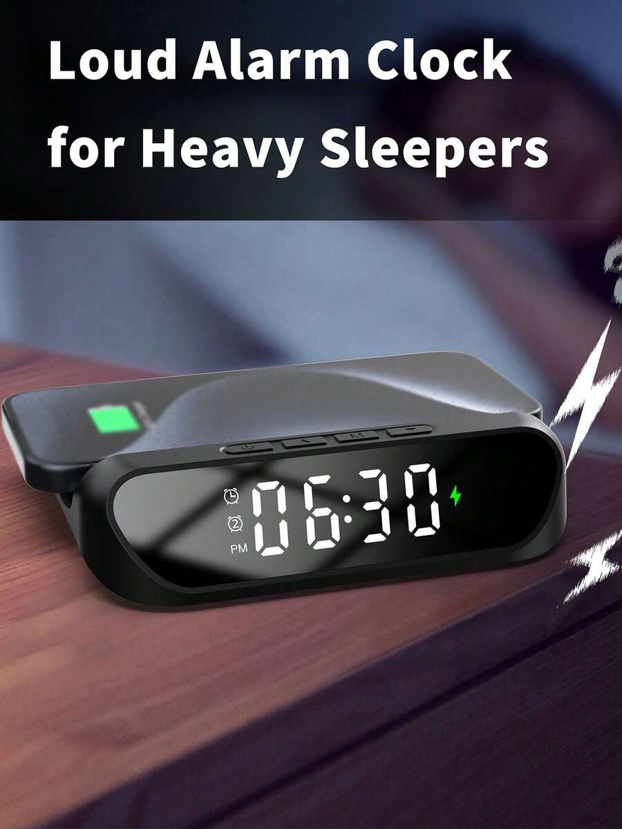 AKKHOO Jam Alarm Digital dengan Pengisi Daya Nirkabel, Stasiun Pengisian Daya Nirkabel Cepat Maksimum 15W, Jam Layar LED Bertenaga Type-C untuk Ponsel, Tanpa Baterai Internal - Hitam - View 1