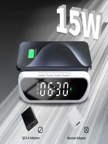 AKKHOO Jam Alarm Digital dengan Pengisi Daya Nirkabel, Stasiun Pengisian Daya Nirkabel Cepat Maksimum 15W, Jam Layar LED Bertenaga Type-C untuk Ponsel, Tanpa Baterai Internal - Hitam - View 3