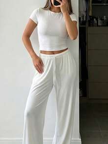Women's White Crew Neck Short T-Shirt And High Waist Wide Leg Pants Casual 2 Pieces Set, Medium Stretch, Suitable For Summer - White - View 6