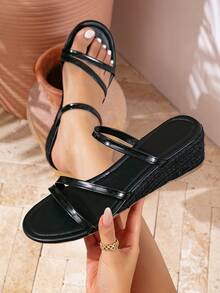 Mules compensées espadrilles noires à fines brides multiples - Noir - Voir 5