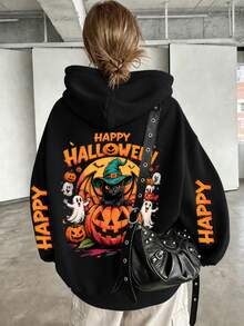HALL Halloween Letter Print Pattern Sweatshirt, Plus Size Women's Casual Autumn/Winter Long Sleeve Pocket Hooded Sweatshirt Black - Black - View 2
