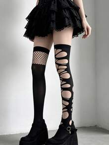 1 Pair Gothic Style Tight-Fitting Ripped Over-The-Knee Socks For Women - Black - View 1
