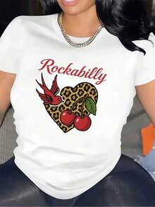 Women'S Short Sleeve Top Featuring A Rockabilly Design With A Leopard Heart And Cherries, Perfect For Casual Outings, Parties, Or Lounging At Home.Th - White - View 6