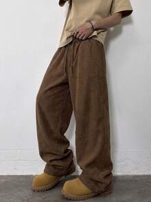 SU ER Men's Casual Loose Drawstring Elastic Waist Corduroy Wide Leg Long Pants With Drape - Brown - View 4