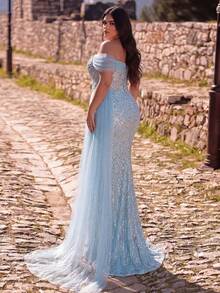 Faeriesty Luxury Plus Size Sequin & Bead Embellished Open Shoulder Neckline Side Slit Evening Gown Party Wedding Fall - Blue - View 3