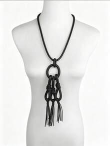 MARLIWOO 1pc Vintage Woven Circular Long Necklace With Tassel Pendant, Fashion Vacation Style, Niche Exaggerated Design, Adjustable - Black - View 2