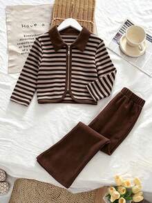 bearleader 3 To 7 Years Girls Fashion Clothing Sets Fall Striped Zipper Lapel Long Sleeved Top And Solid Color Pants Two Pieces - بني - مشاهدة 1