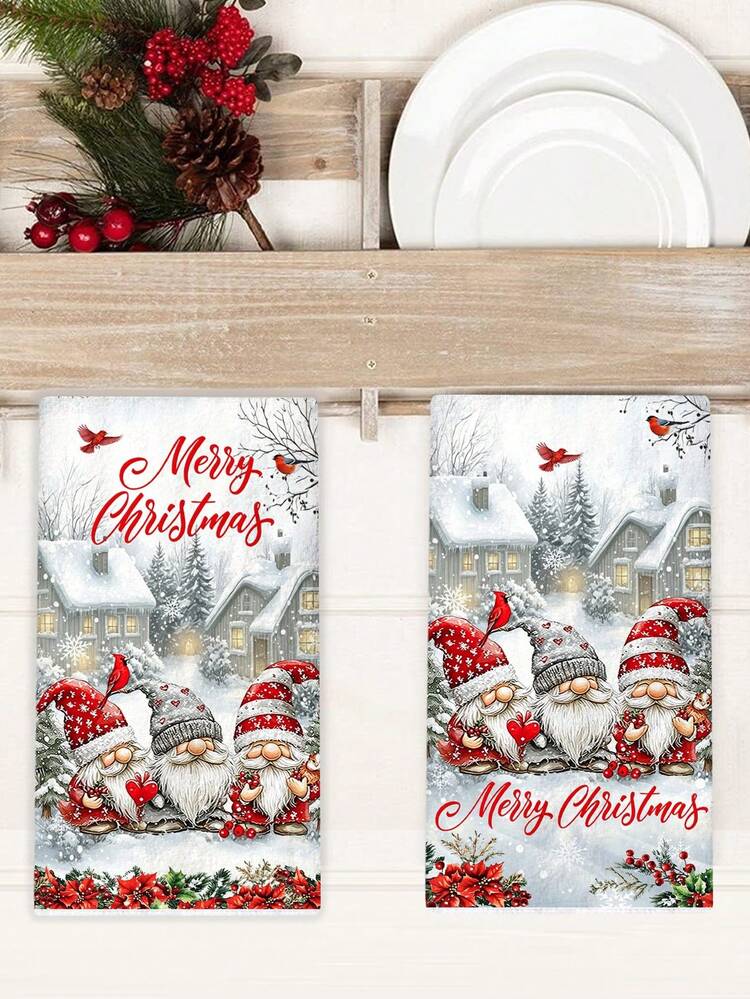 2pcs Christmas Gnome Kitchen Dish Towels, 40*48cm Snow House & Poinsettia Pattern Dish Cloths, Soft Polyester Hand Towels, Home Christmas Decor, Kitchen Accessories, Tabletop Decoration, Bathroom Housewarming Gift, Holiday Winter Vacation Decor - Red Hat Faceless Doll - View 7