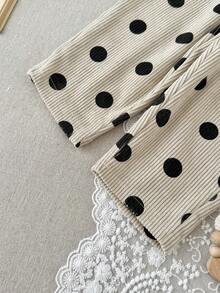 Baby Girl Black Polka Dot Decor Cuffed Pants, Elastic Waist, Versatile Loose Stretch Casual Long Pants - Black - View 8