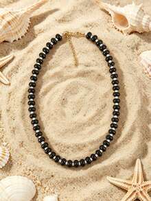 1pc European & American Bohemian Round Geometric Natural Stone Cracked Effect Beaded Short Necklace With Stainless Steel Accessories For Women, Summer Beach Vacation - Handmade Stone Beaded Necklace With Stainless Steel Accents - View 13