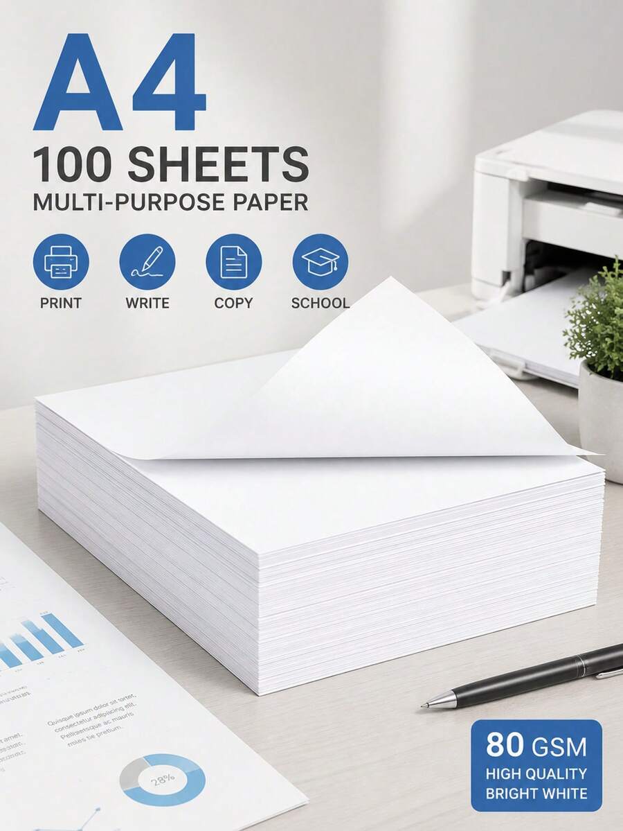 100 Sheets A4 80gsm Paper, Letter/Legal Size, White Office Paper, Back To School Essentials - A - View 1