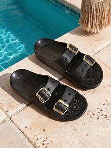 Sandalias de mujer de unicolor versátiles con hebilla de metal, EVA, parte superior ajustable amigable para pies anchos, suela gruesa con punta abierta, pantuflas casuales, adecuadas para uso diario en la oficina - Negro - Ver 10