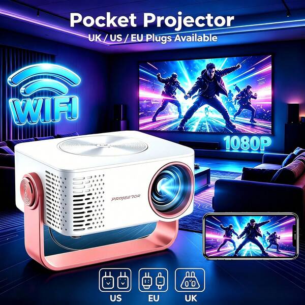 MOMAN Máy chiếu bỏ túi siêu nhẹ HD, WiFi băng tần kép, phản chiếu màn hình không dây, độ phân giải vật lý gốc 1280*720P, hỗ trợ giải mã video 4K HD, tùy chọn bộ chuyển đổi phích cắm UK EU US