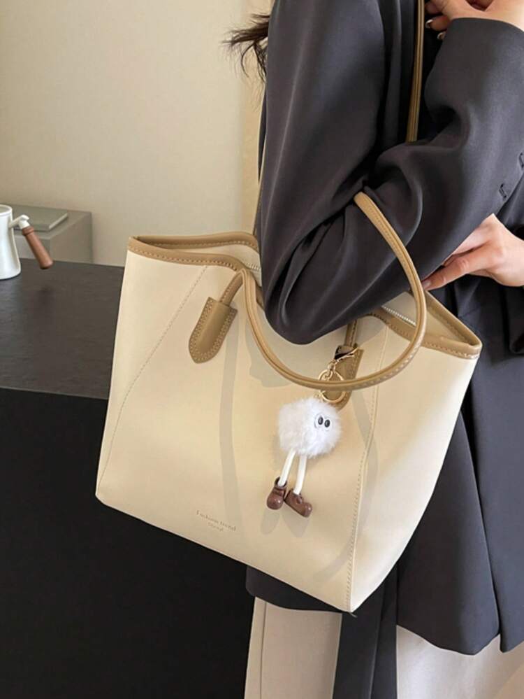 Tas Tote Bahu Wanita, Warna Polos & Dua Warna, Gantungan Boneka Monster Mewah, Penutup Resleting, Kapasitas Besar, Cocok untuk Perjalanan, Kantor Sehari-hari & Belanja - Khaki - View 5