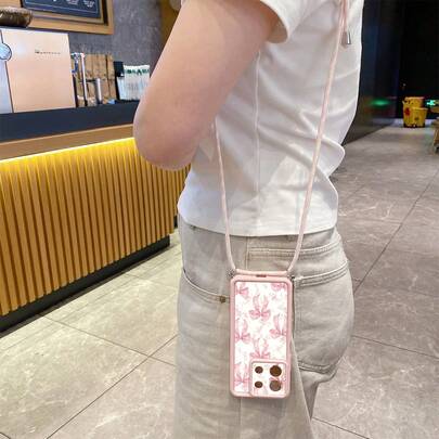 1 peça Capa de telemóvel com padrão de laço rosa e tinta, alça de ombro ajustável em corda de cânhamo, olho rosa, escada, diamante e areia, para Android S26Ultra S25Ultra S24Ultra S23Ultra/ A54 A55 A57 A37/ Note 14 Pro 5G/HONOR/, anti-queda e antiderrapante