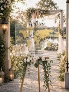 Personalized Acrylic Wedding Welcome Sign, World Map And Travel Theme, Custom Bride And Groom Names And Date, Transparent Or Frosted Acrylic Guest Sign-In Board, Destination Wedding Decor, Elopement Wedding Poster, Calligraphy - Multicolor - View 7