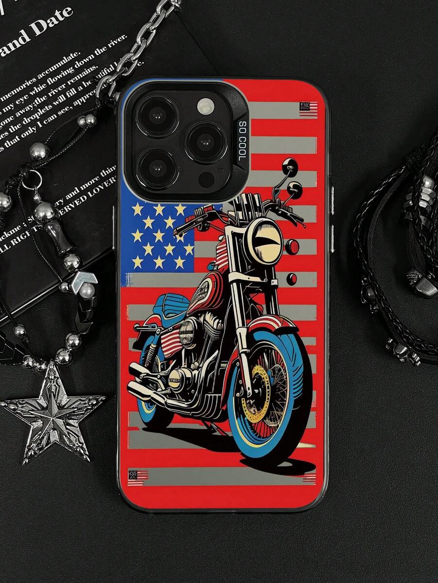 1 pieza Funda de teléfono con estampado de motocicleta vintage americana Harley IMD, marco de lente de metal plateado mate en relieve, cobertura completa, carcasa dura resistente a caídas, sin cordón, compatible con todos los modelos Apple, estilo motocicleta, funda protectora de nicho genial para hombres - Plateado - Ver 1