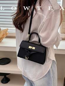 Low Tea 1件裝純色PU布料女款優雅時尚方形托特包，頂部單手柄設計，按扣開合，可拆卸可調節肩帶，可用於單肩或斜背，適合旅行、購物、約會，通勤、戶外、出遊，女性禮物首選 - 黑色 - 查看 7