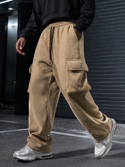Men's Polar Fleece Loose Casual Tapered Pants, Autumn/Winter Style, Large Pocket Design Minimalist Casual Pants, Outdoor Ankle Pants, Streetwear Style