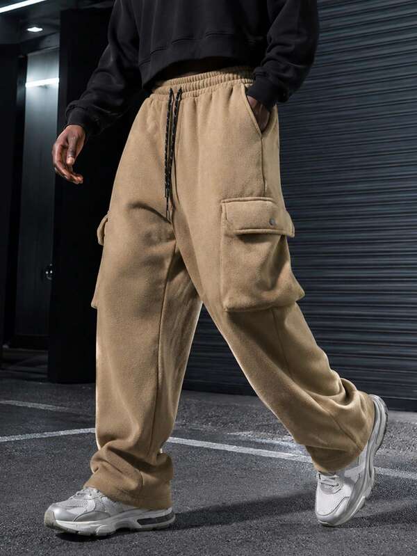 Men's Polar Fleece Loose Casual Tapered Pants, Autumn/Winter Style, Large Pocket Design Minimalist Casual Pants, Outdoor Ankle Pants, Streetwear Style