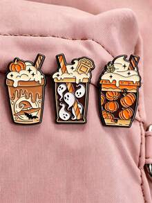 3pcs/Set Assorted Halloween & Coffee Pattern Brooches, Fun Metal Enamel Pins, Creative Decorative Lapel Pins For Backpacks, Halloween Gifts - Multicolor - View 1