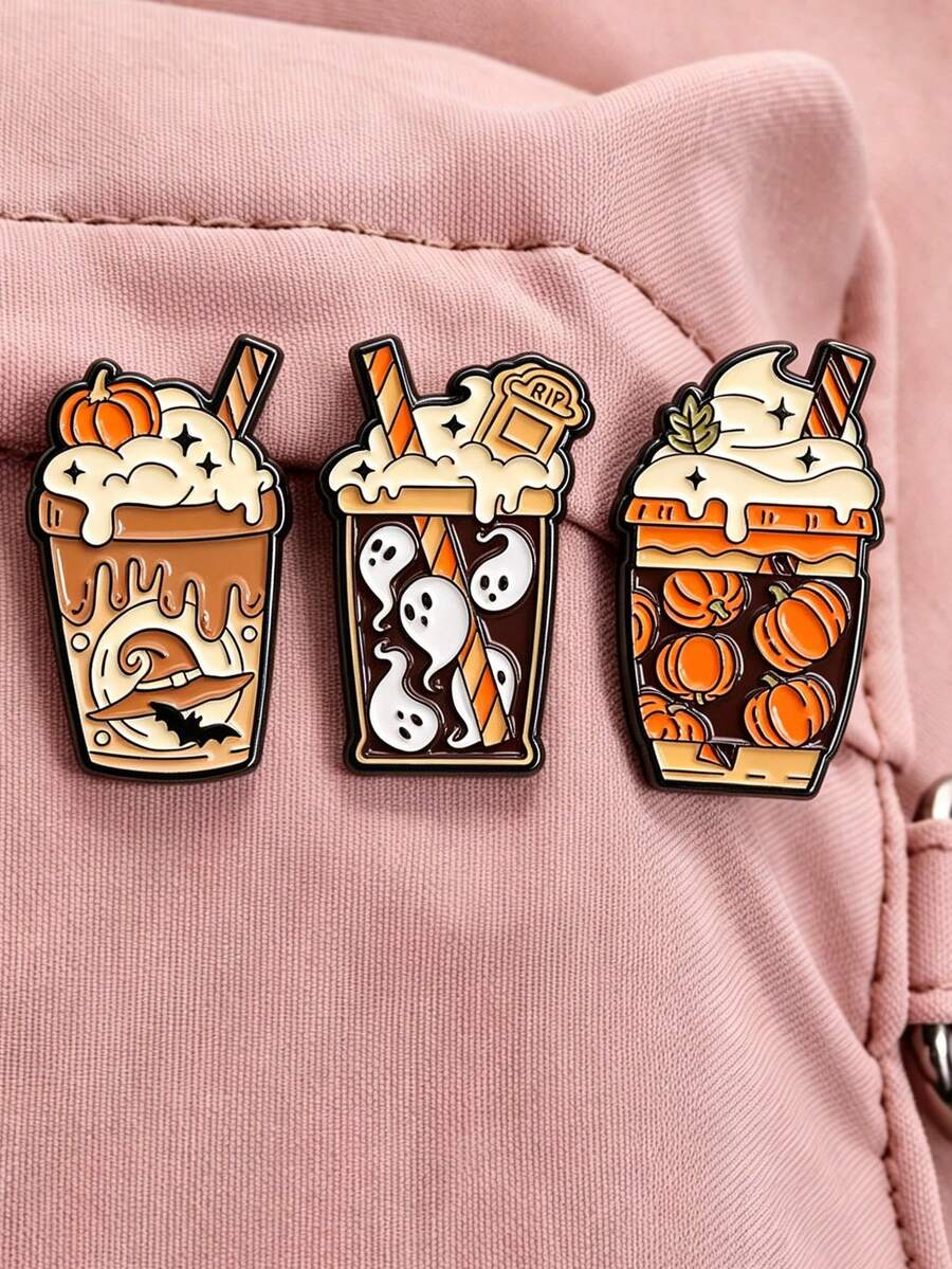 3pcs/Set Assorted Halloween & Coffee Pattern Brooches, Fun Metal Enamel Pins, Creative Decorative Lapel Pins For Backpacks, Halloween Gifts - Multicolor - View 1