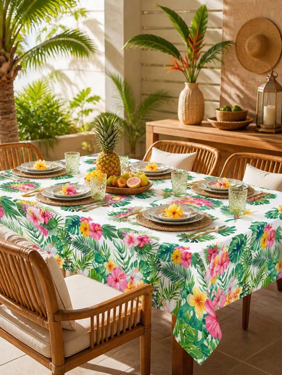 1pc Hawaiian Theme Plastic Tablecloth, Waterproof Rectangular Monstera Leaf Print Disposable Tablecloth, Suitable For Summer Luau Party, Pool Party, Picnic Decoration